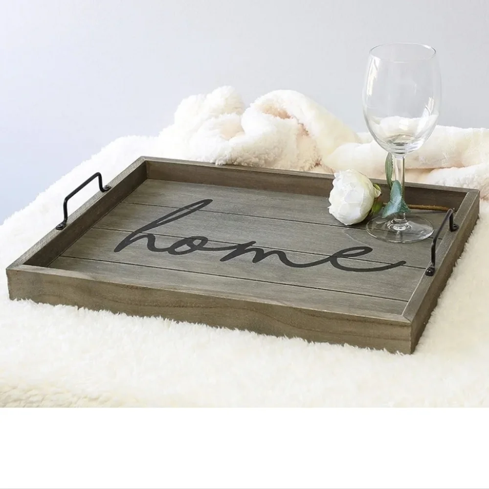 Rustic Gray Wooden Tray with 'Home' Script